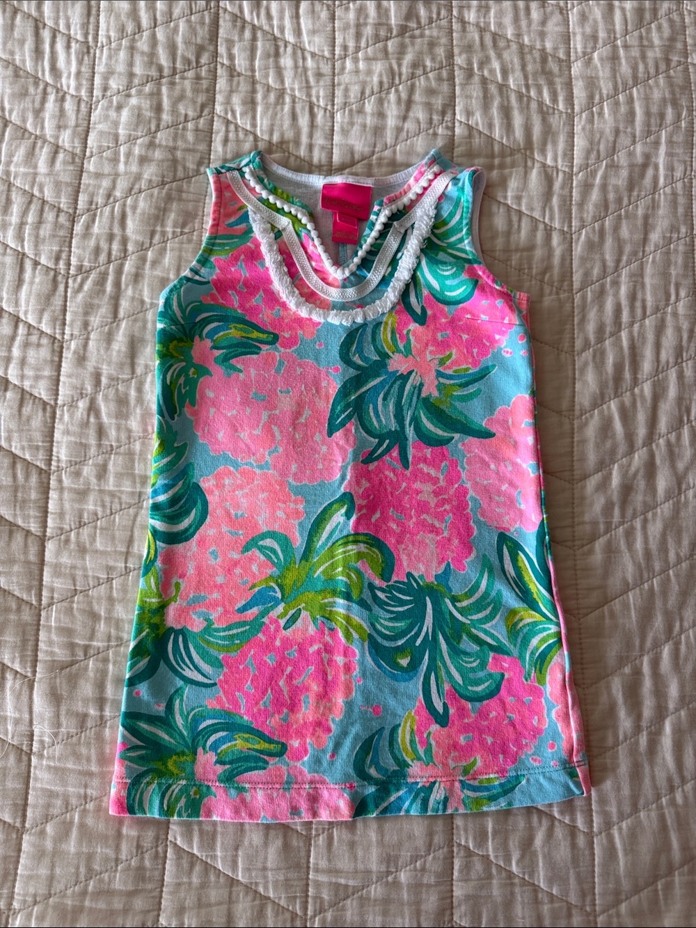 Lilly Pulitzer Pink, Teal & Green Floral Shift Dress with Pom Trim